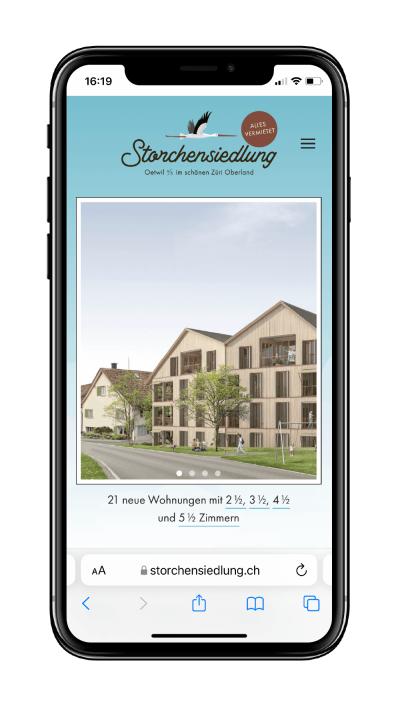 Marketing-Website Mietwohnungen Storchensidelung Mobil-Version