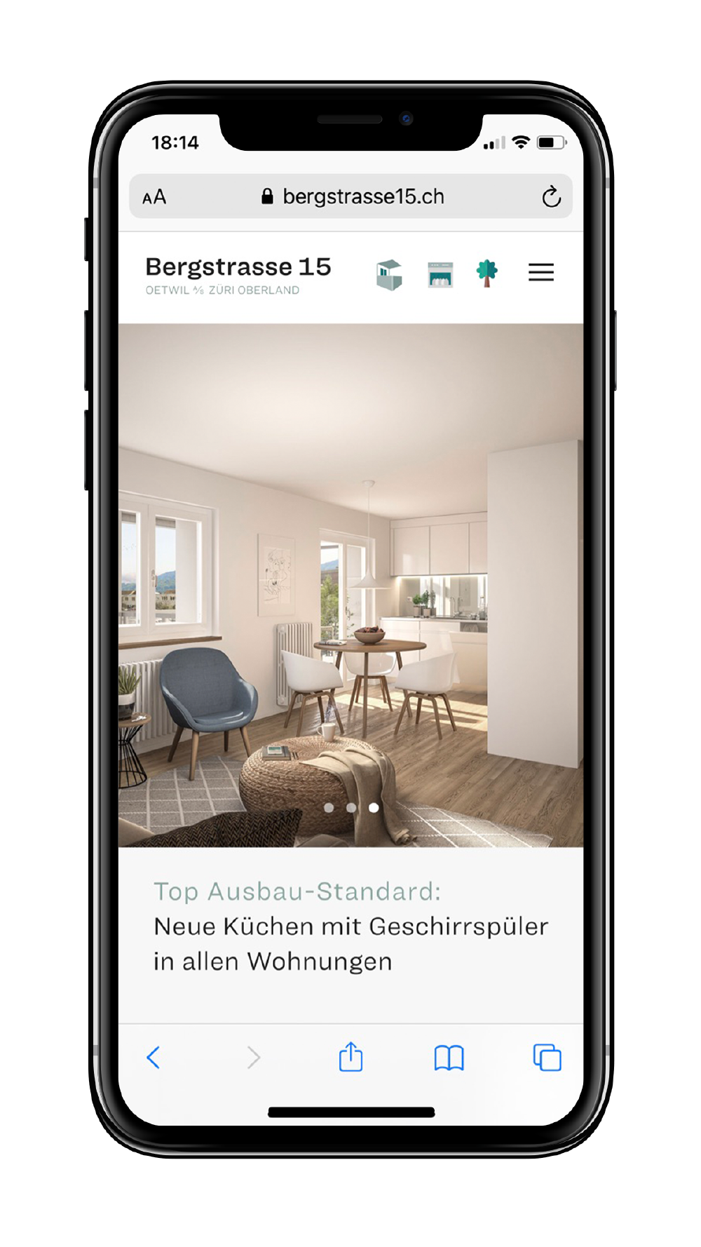 Marketing-Website Mietwohnungen Bergstrasse 15 Mobil-Version