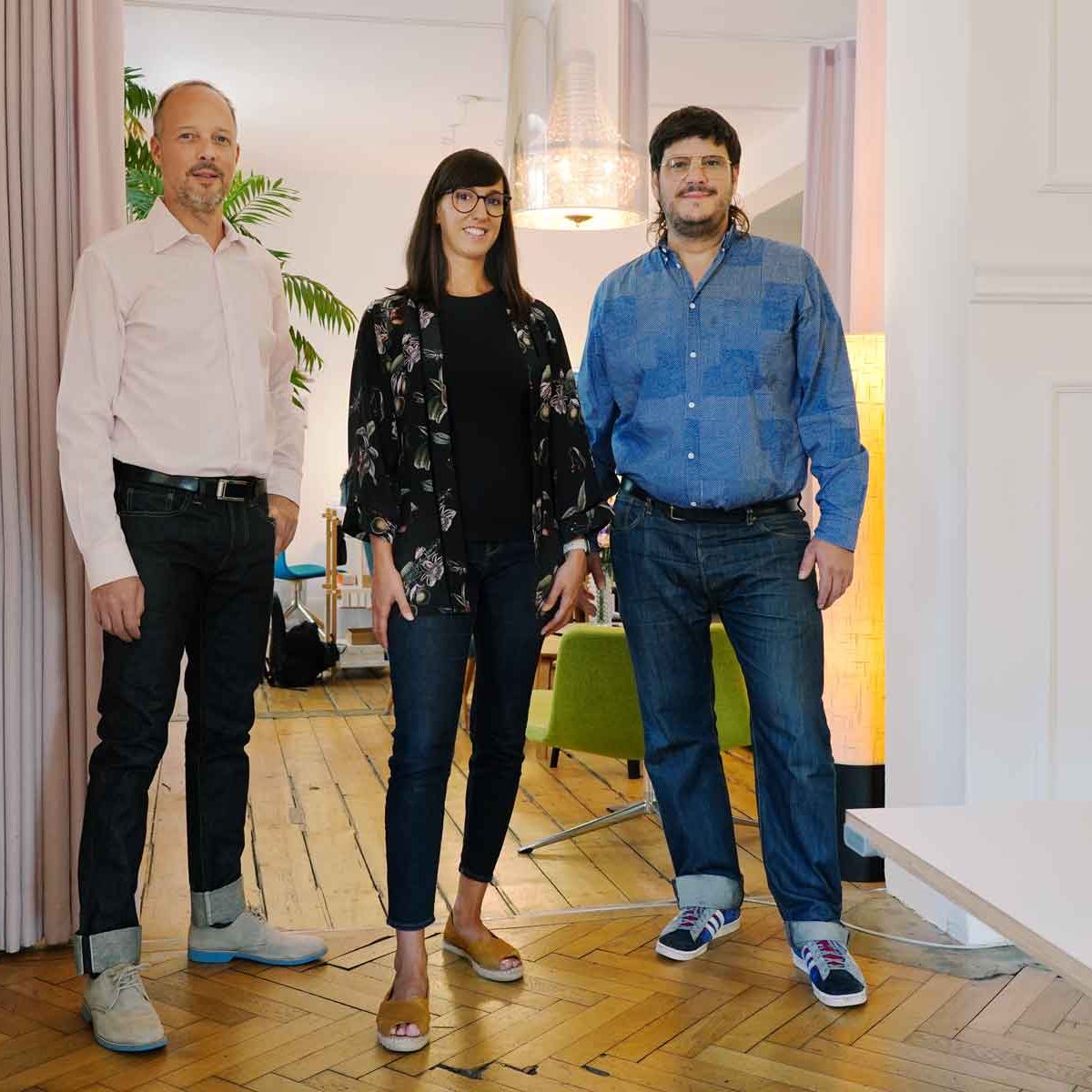 Die Partner und Partnerinnen von Raskin Apps: Martin Halter, Cathrin Münchbach, Michael Rosewich in ihrem Atelier im Zürcher Kreis 4