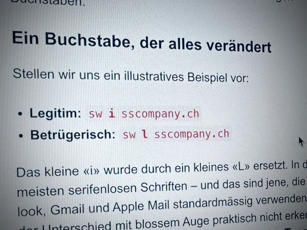 Beispiel für einen Typosquat-Angriff auf ein Schweizer Unternehmen.
